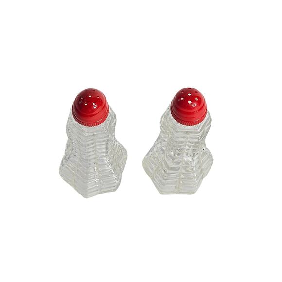 Vintage Waffle Pattern Salt & Pepper Shakers with Red Lids | Retro Kitchen - Picture 4 of 10